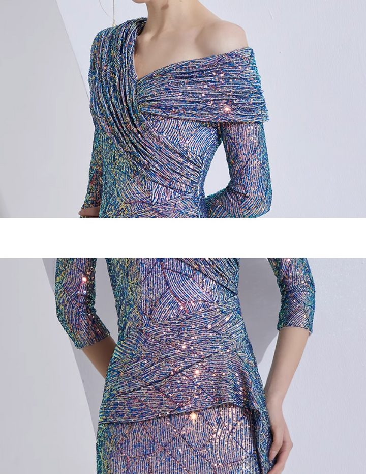 فستان ميدي مكشوف الكتفين مزين بالترتر مع صدّار منسدل – بريق