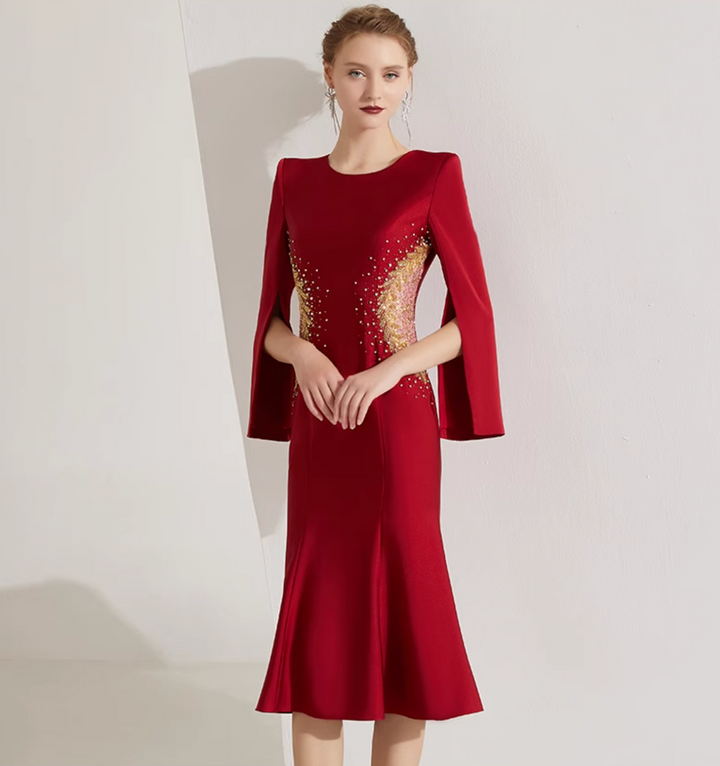 cape-sleeve trumpet dress with sequin sunburst – SCETRAY