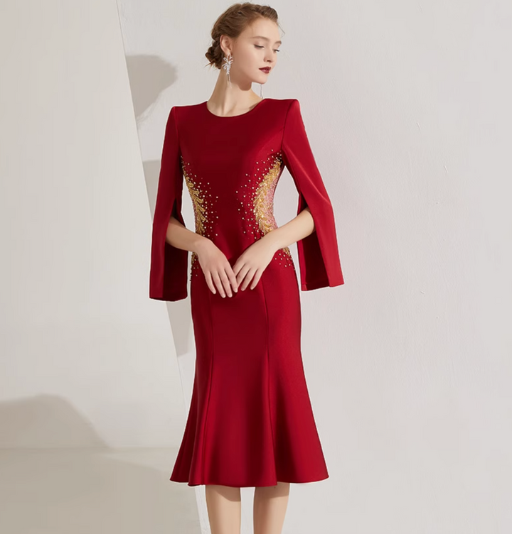 cape-sleeve trumpet dress with sequin sunburst – SCETRAY