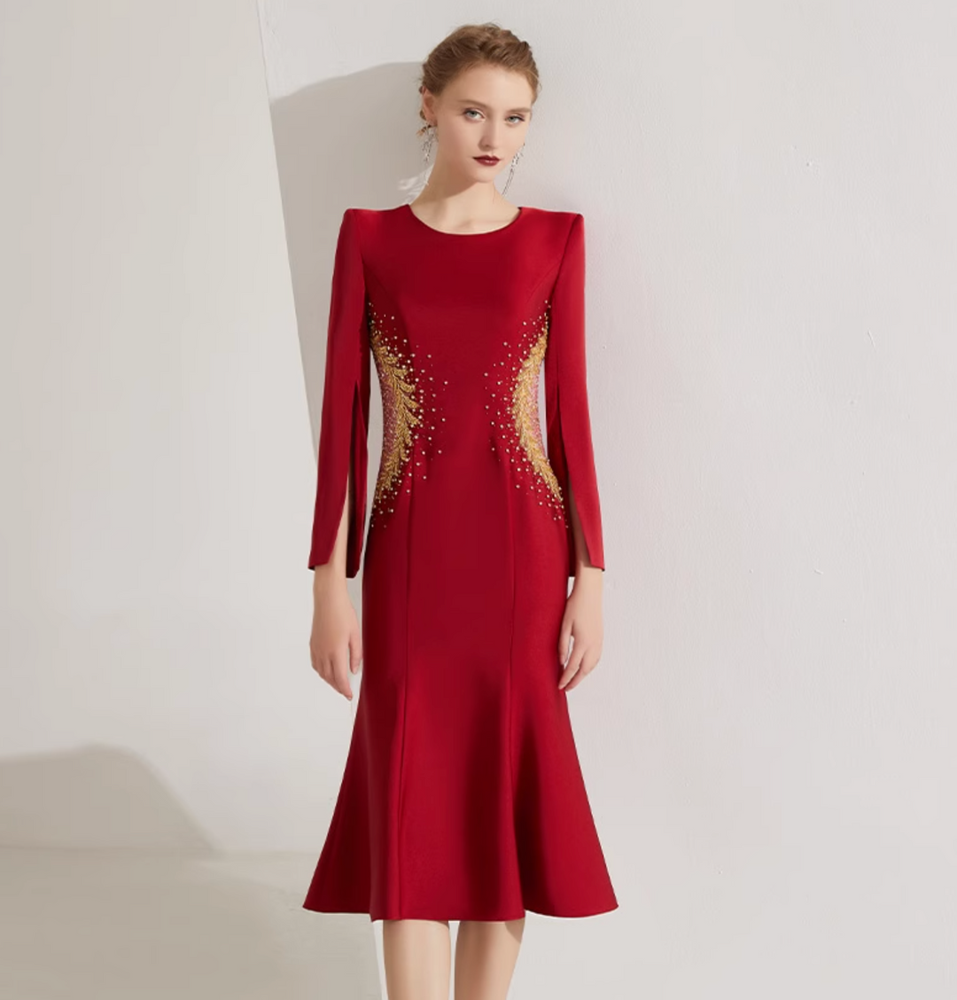 cape-sleeve trumpet dress with sequin sunburst – SCETRAY