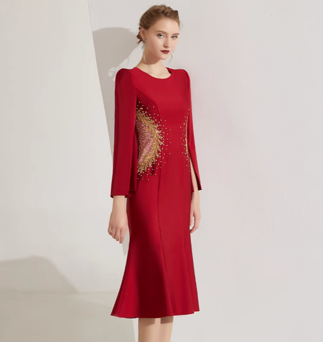 cape-sleeve trumpet dress with sequin sunburst – SCETRAY