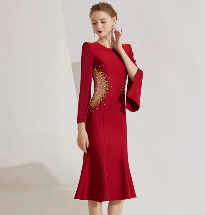 cape-sleeve trumpet dress with sequin sunburst – SCETRAY