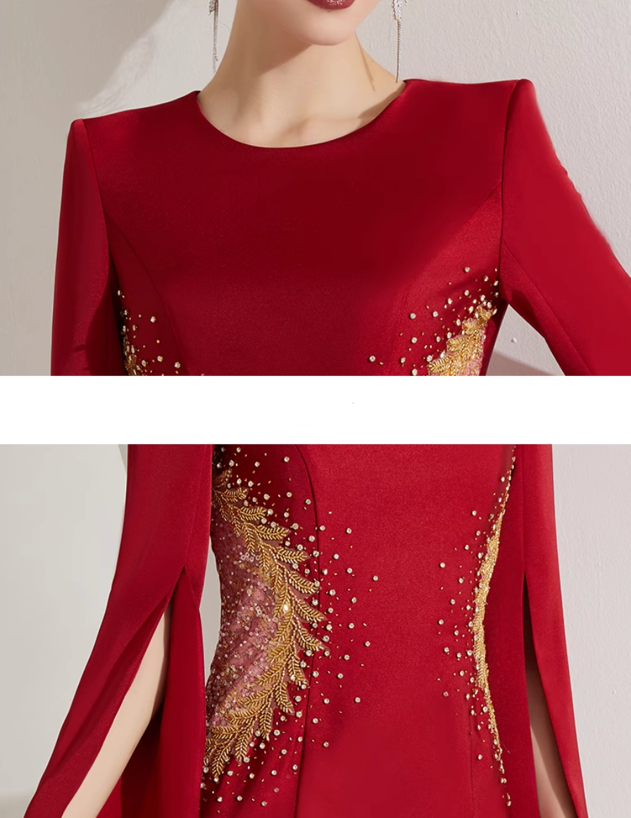 cape-sleeve trumpet dress with sequin sunburst – SCETRAY
