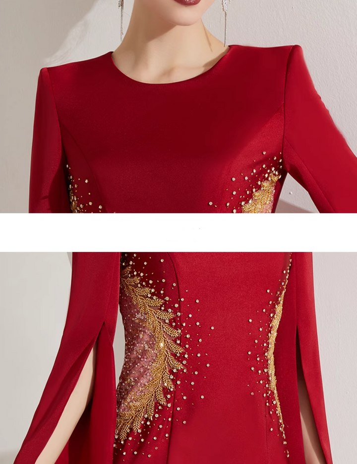 cape-sleeve trumpet dress with sequin sunburst – SCETRAY