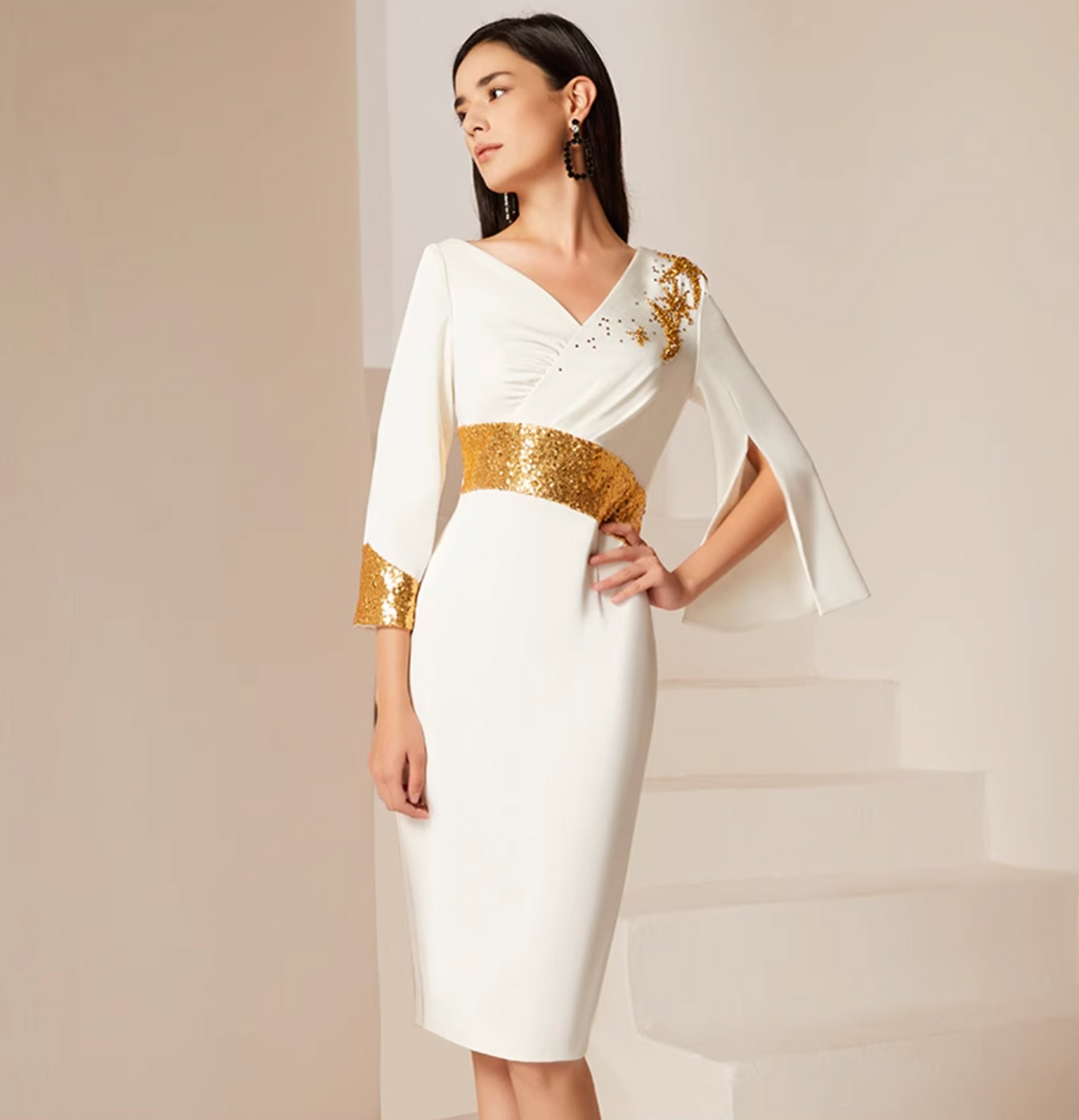 cape-sleeve sheath dress with gold sequin accents – GRACE