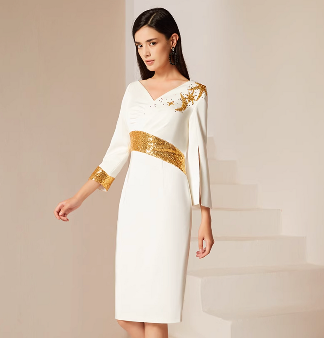 cape-sleeve sheath dress with gold sequin accents – GRACE