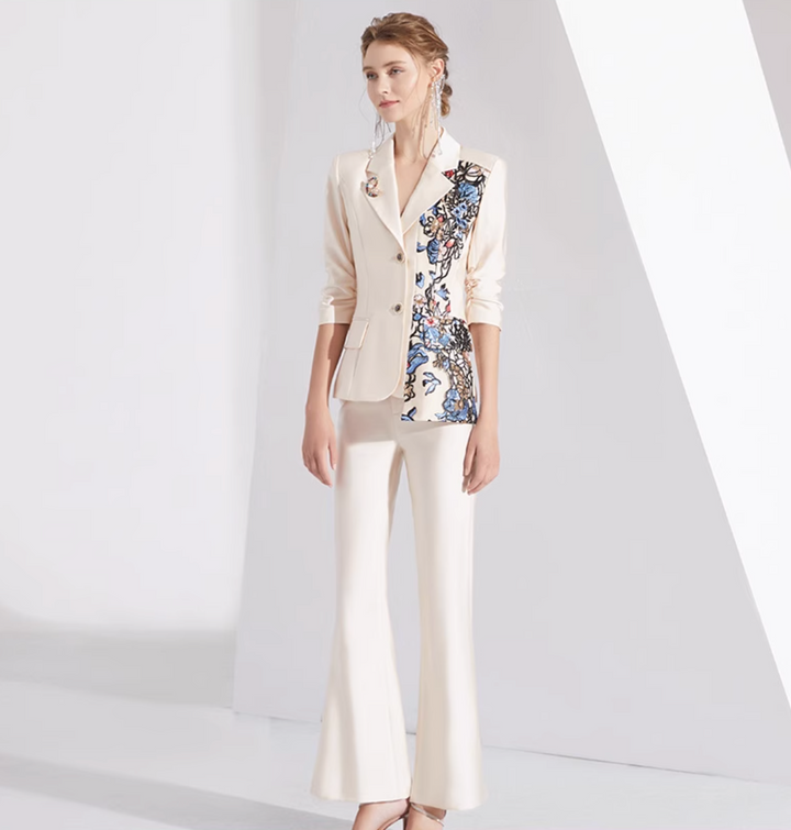 tailored pantsuit with floral embroidered lapel – GLIMMER