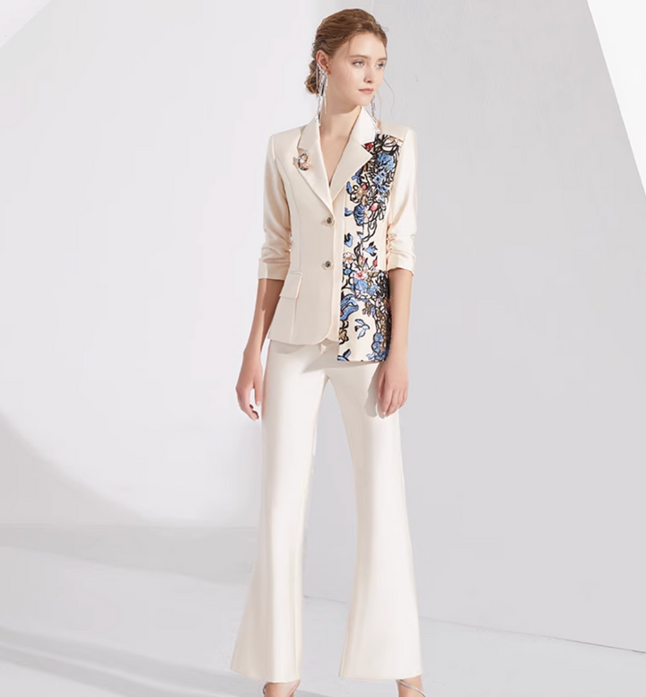 tailored pantsuit with floral embroidered lapel – GLIMMER