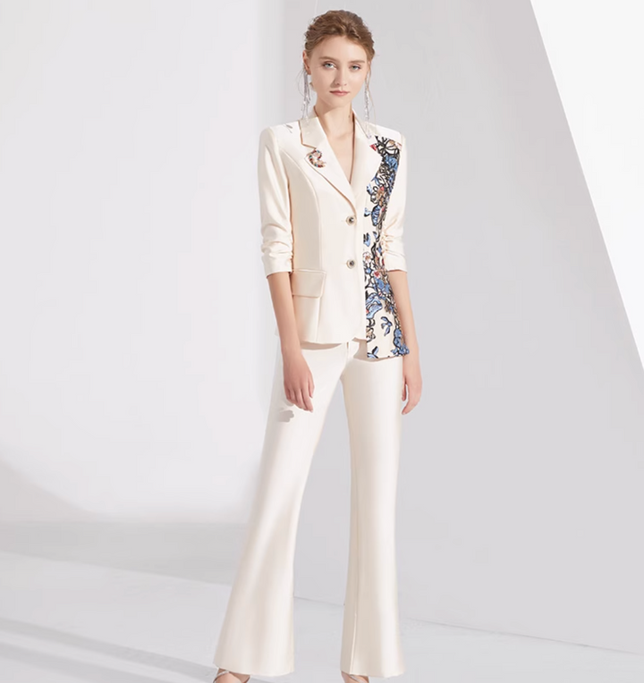 tailored pantsuit with floral embroidered lapel – GLIMMER