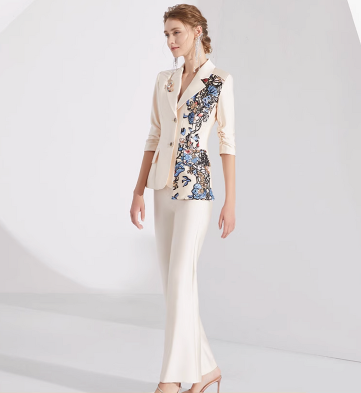 tailored pantsuit with floral embroidered lapel – GLIMMER