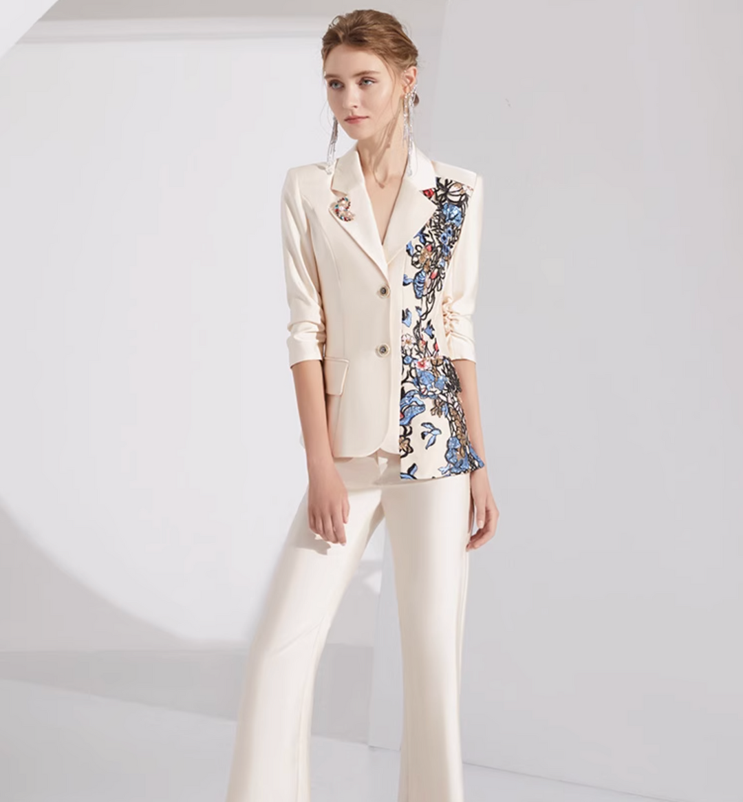 tailored pantsuit with floral embroidered lapel – GLIMMER