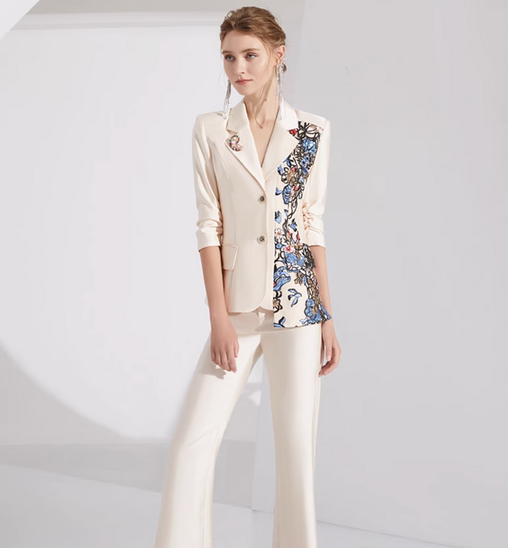 tailored pantsuit with floral embroidered lapel – GLIMMER
