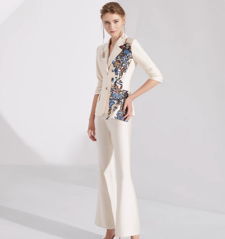 tailored pantsuit with floral embroidered lapel – GLIMMER