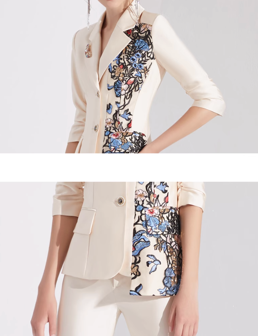 tailored pantsuit with floral embroidered lapel – GLIMMER