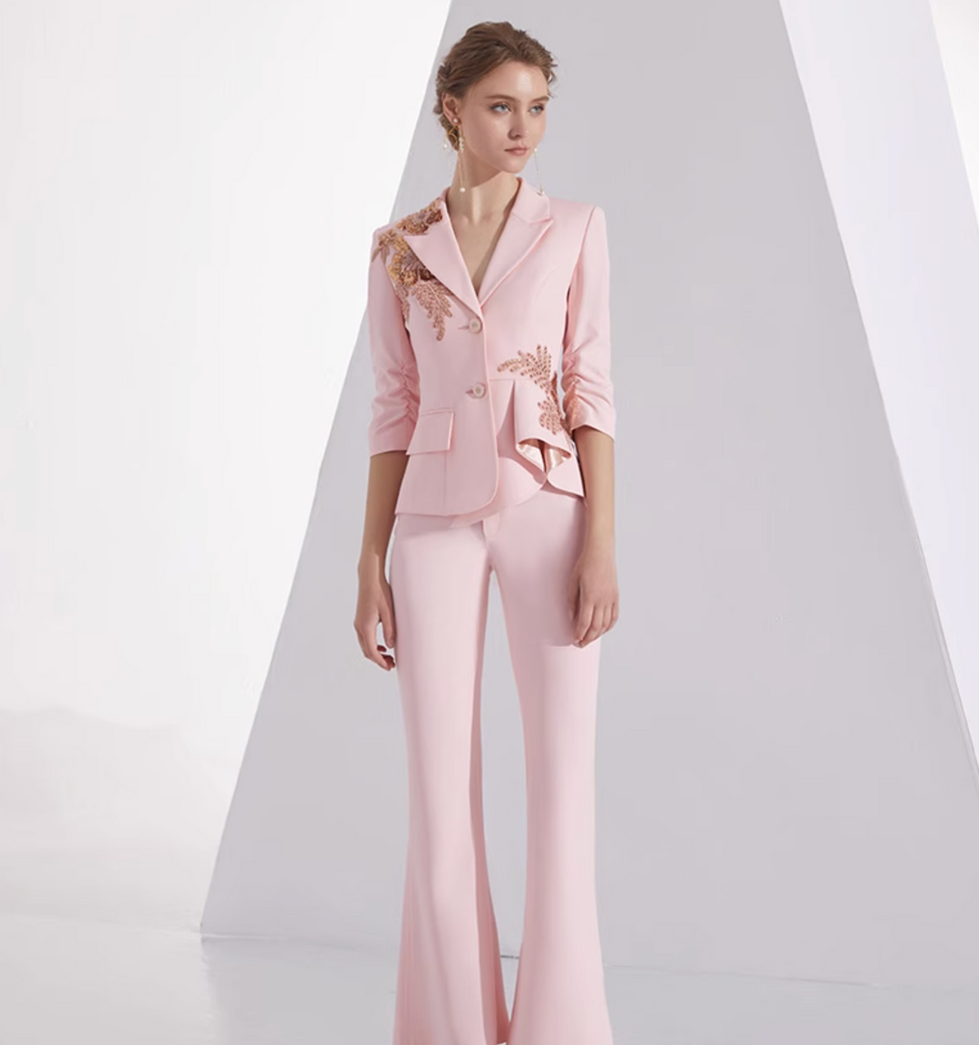 costume évasé sur mesure avec manches bouffantes en satin – VALENCIA 