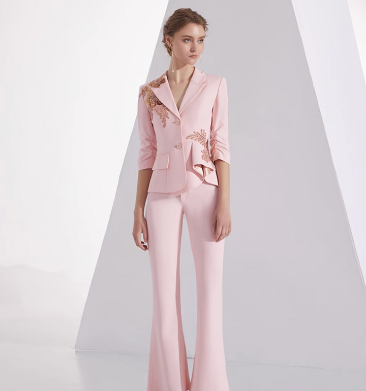 costume évasé sur mesure avec manches bouffantes en satin – VALENCIA 