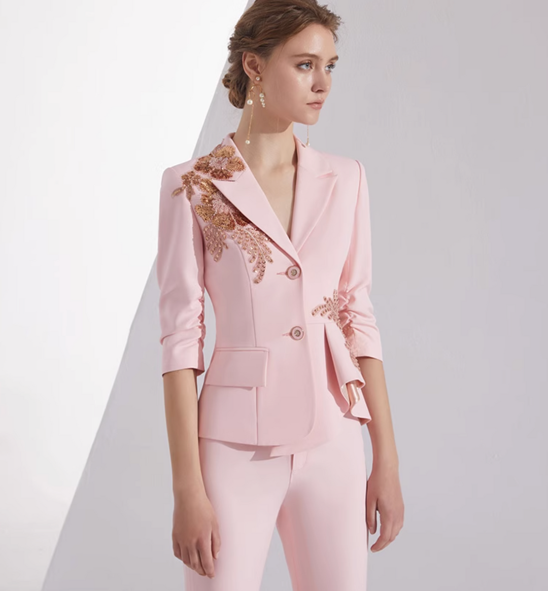 costume évasé sur mesure avec manches bouffantes en satin – VALENCIA 