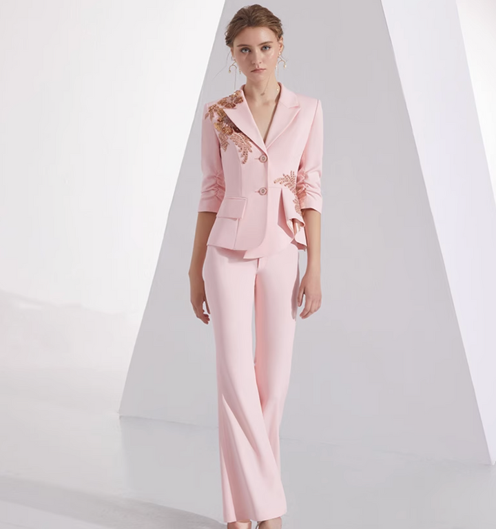 costume évasé sur mesure avec manches bouffantes en satin – VALENCIA 