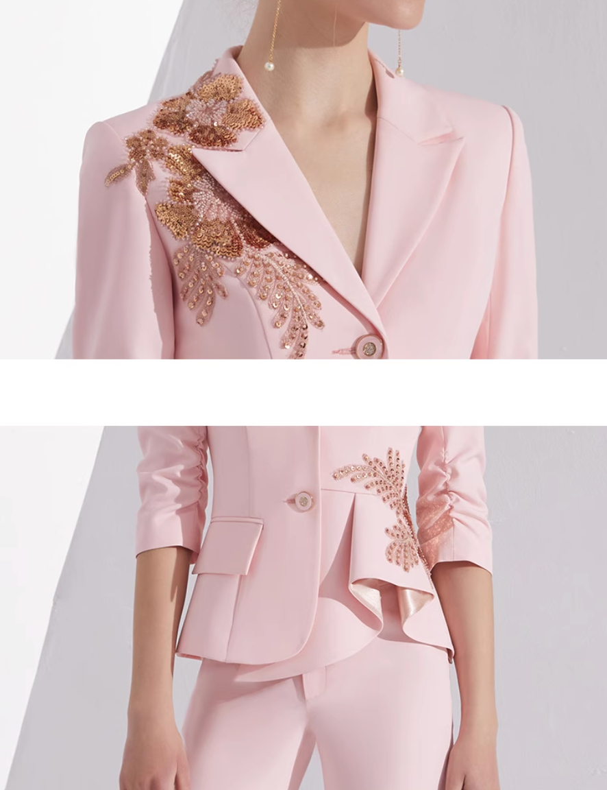 costume évasé sur mesure avec manches bouffantes en satin – VALENCIA 