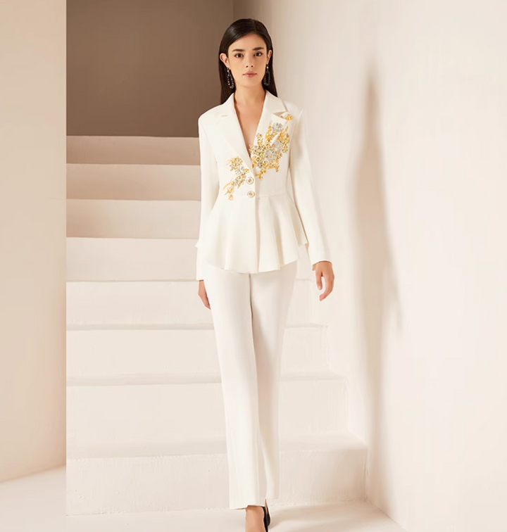 peplum pantsuit with gold floral embroidery – GODEIYA