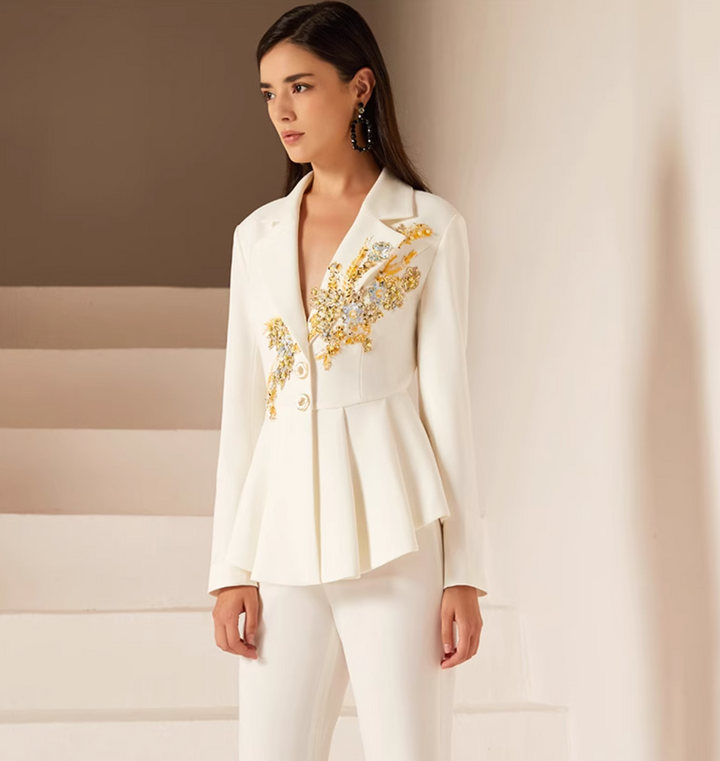 peplum pantsuit with gold floral embroidery – GODEIYA