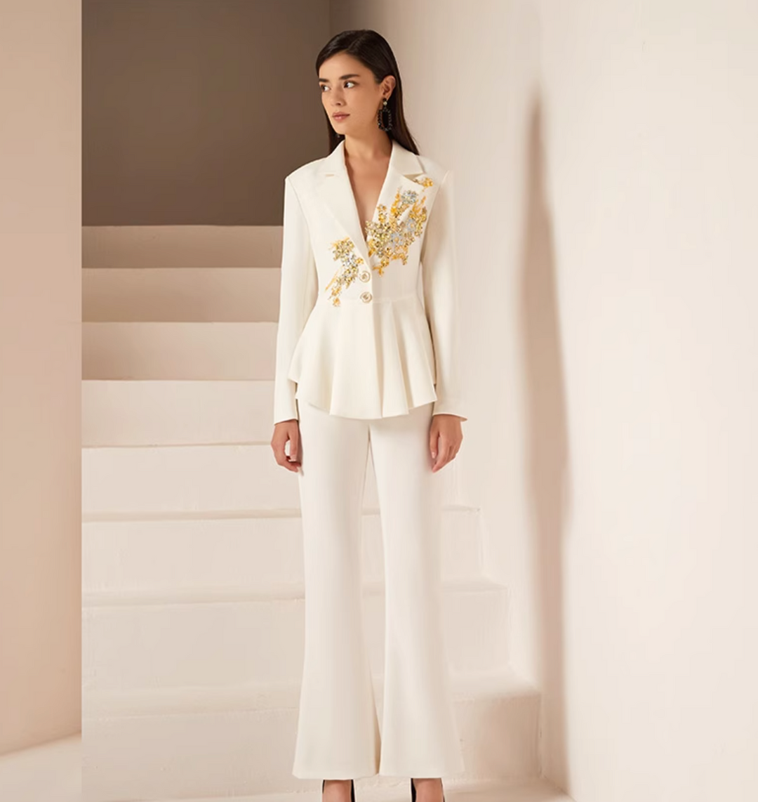 peplum pantsuit with gold floral embroidery – GODEIYA