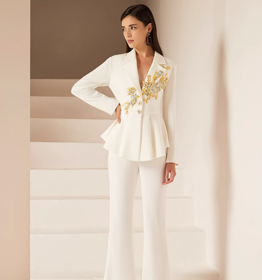 peplum pantsuit with gold floral embroidery – GODEIYA