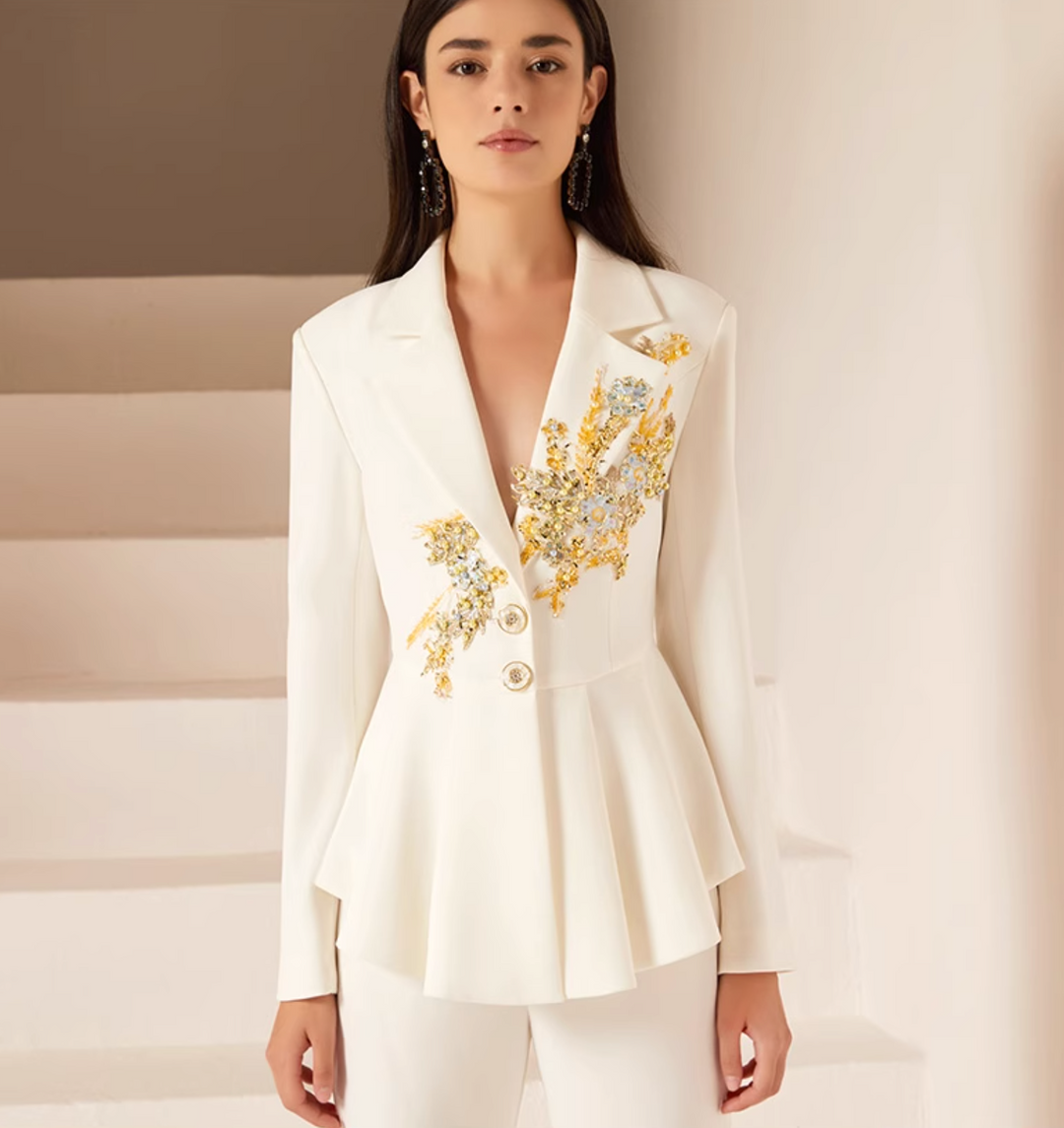 peplum pantsuit with gold floral embroidery – GODEIYA