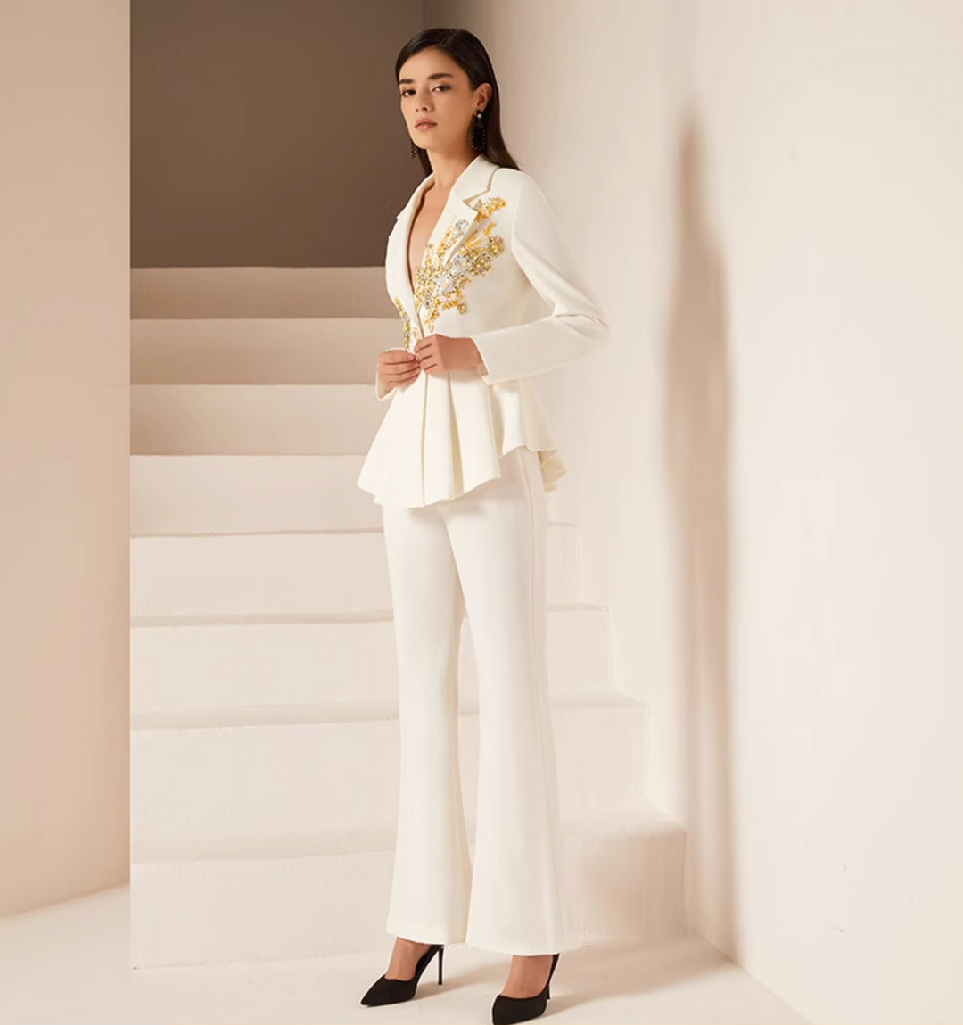 peplum pantsuit with gold floral embroidery – GODEIYA