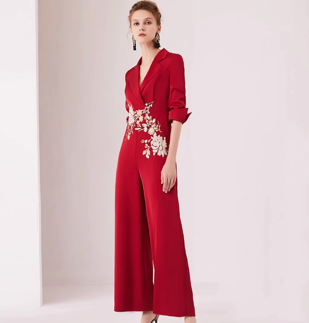 op maat gemaakte flare-pak met satijnen pofmouwen – VALENCIA 