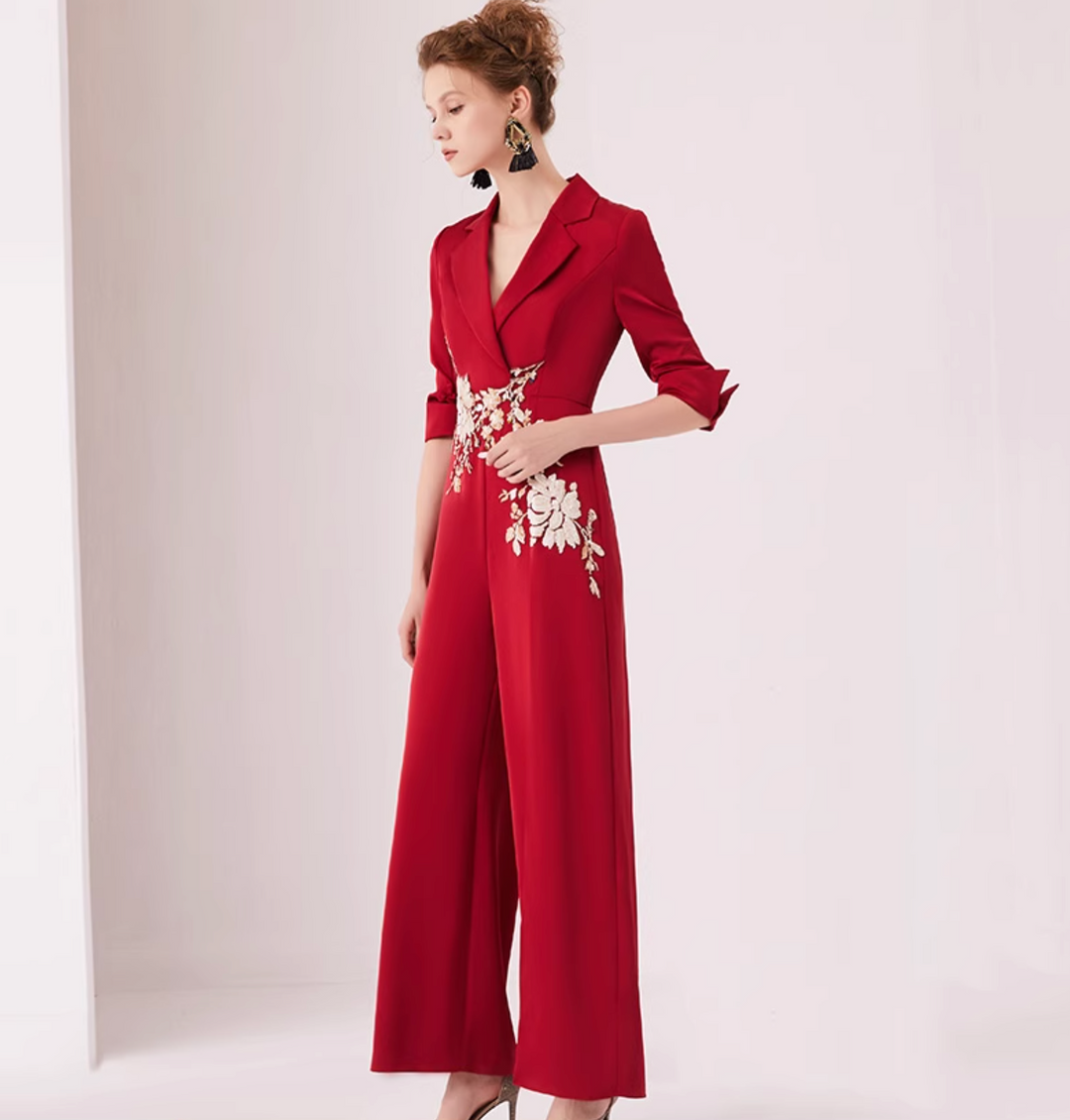 op maat gemaakte flare-pak met satijnen pofmouwen – VALENCIA 