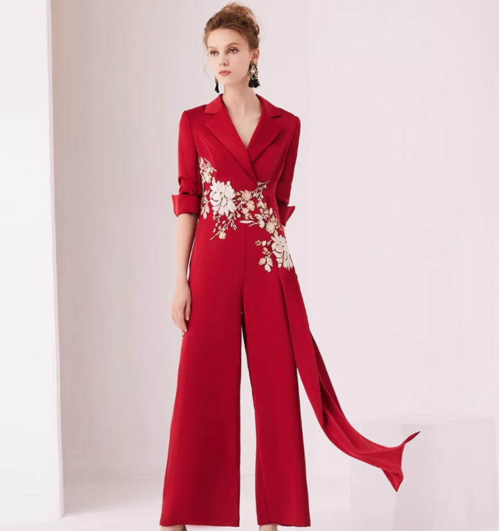 op maat gemaakte flare-pak met satijnen pofmouwen – VALENCIA 