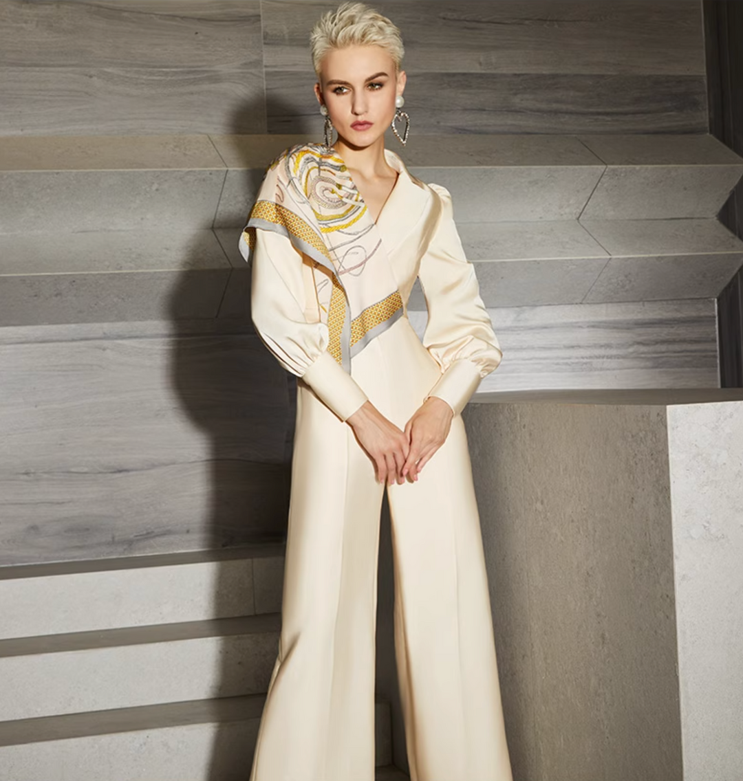 wide-leg jumpsuit with silk scarf detail – NOIR ET