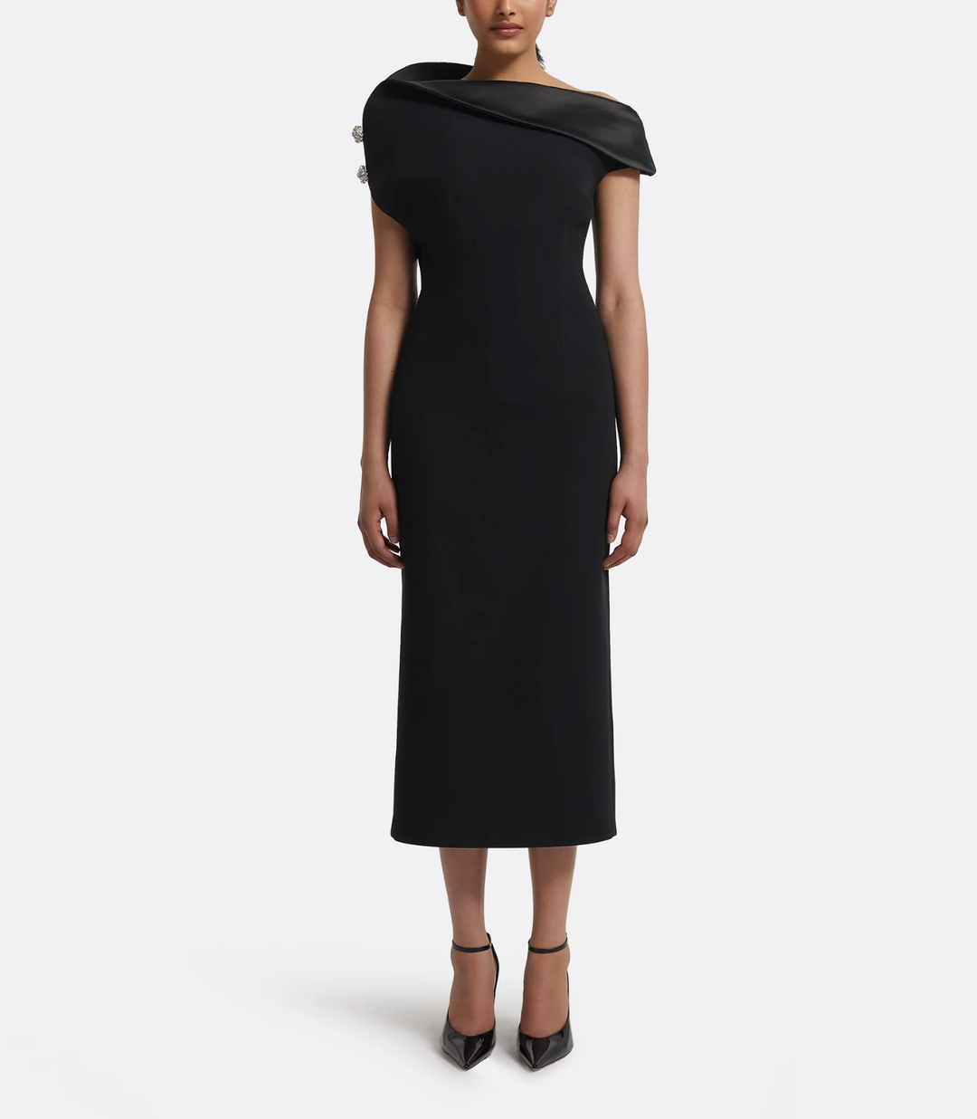 asymmetric off-shoulder midi dress with satin fold – SERIIYE –