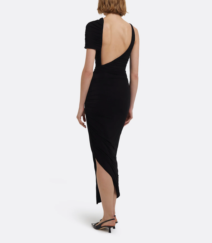one-shoulder ruched midi dress with slit – NOCTURNE
