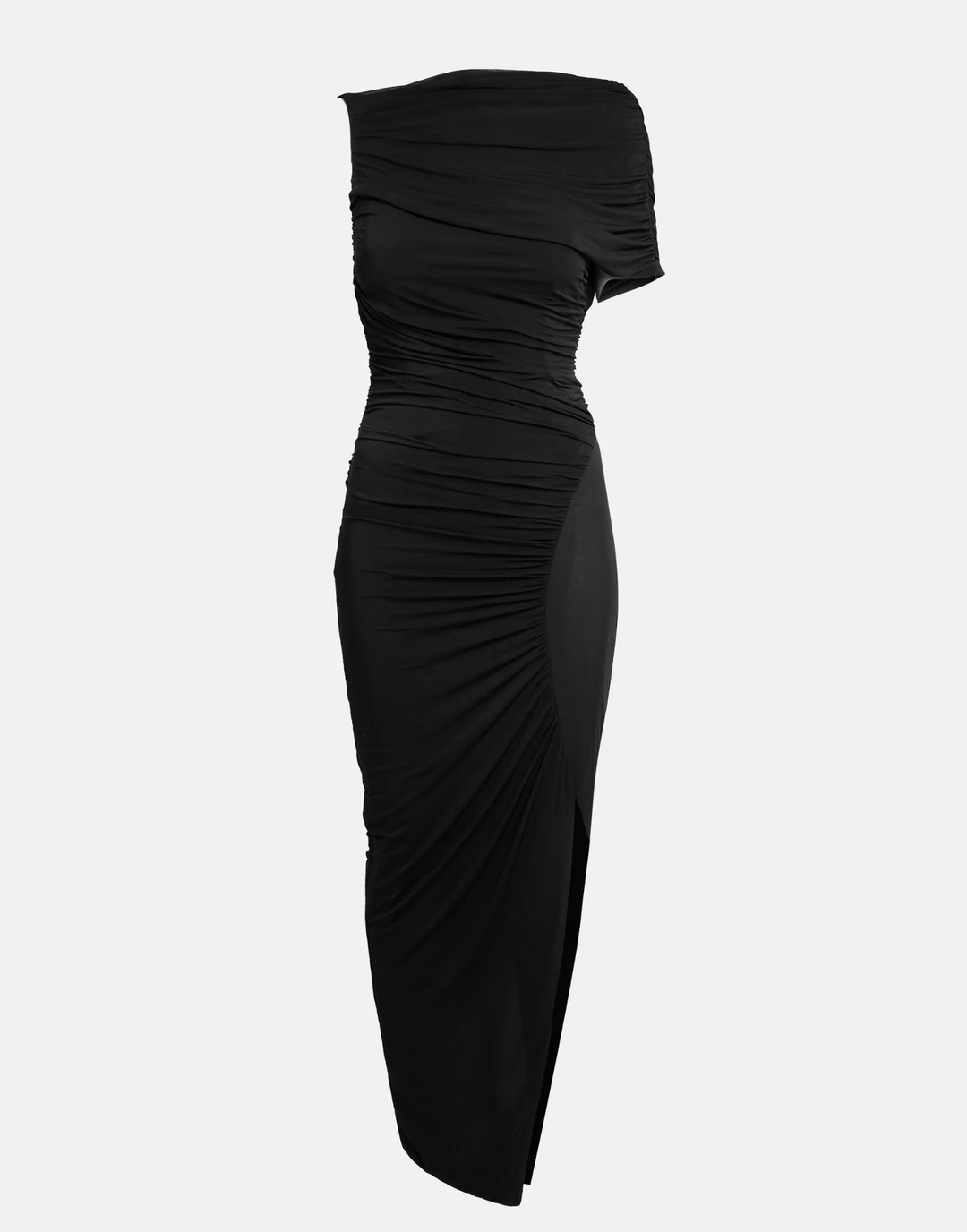 one-shoulder ruched midi dress with slit – NOCTURNE