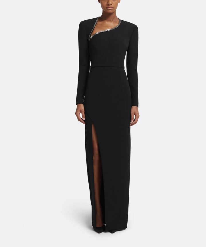 long-sleeve gown with jeweled neckline and slit – ASTRIED