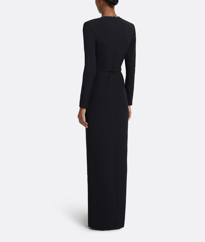 long-sleeve gown with jeweled neckline and slit – ASTRIED