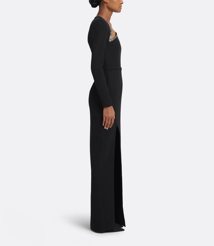 long-sleeve gown with jeweled neckline and slit – ASTRIED