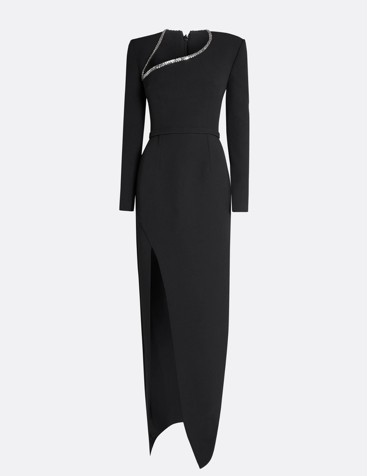 long-sleeve gown with jeweled neckline and slit – ASTRIED