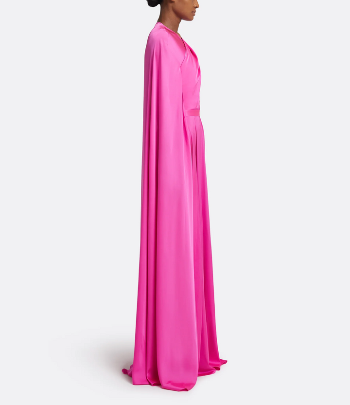 one-shoulder satin gown with flowing cape – FLAMENCA