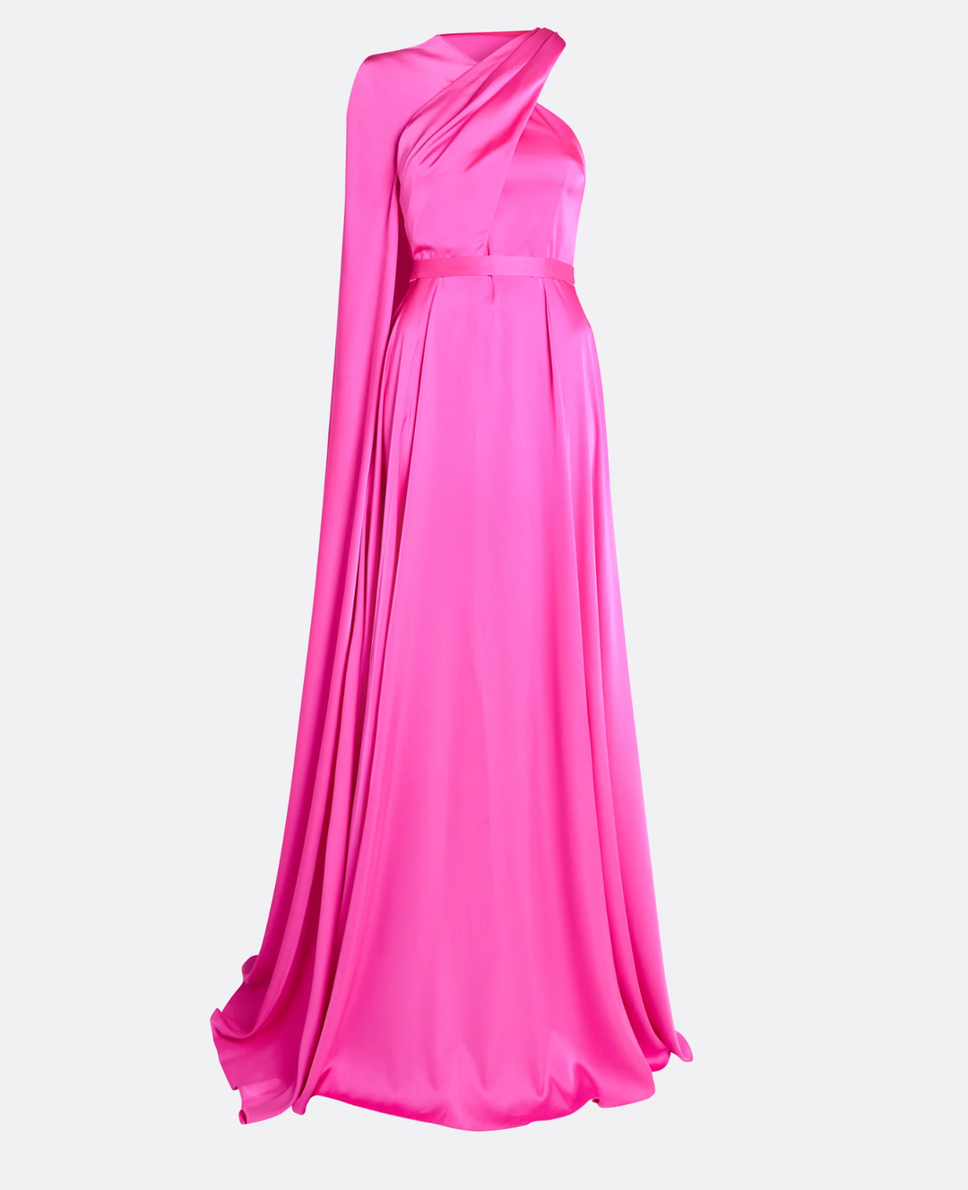 one-shoulder satin gown with flowing cape – FLAMENCA