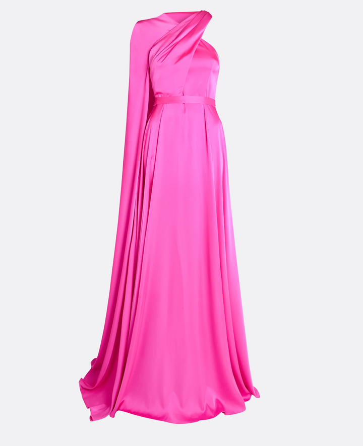 one-shoulder satin gown with flowing cape – FLAMENCA