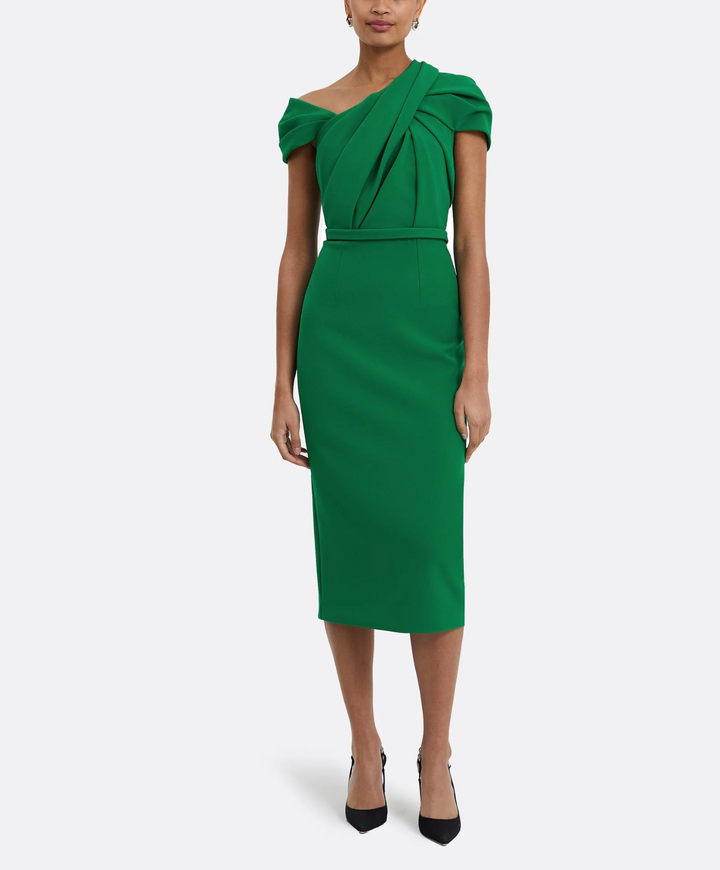 off-shoulder pencil dress with pleated bodice – ZEYILA