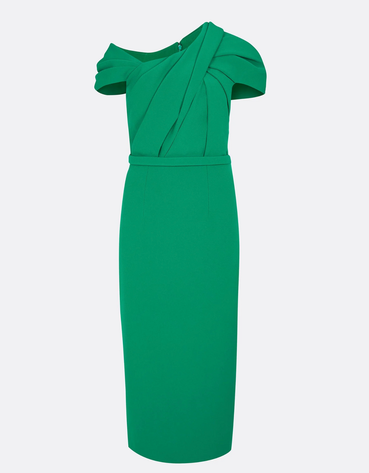 off-shoulder pencil dress with pleated bodice – ZEYILA