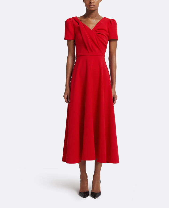 short-sleeve midi dress with draped bodice – RUYAA