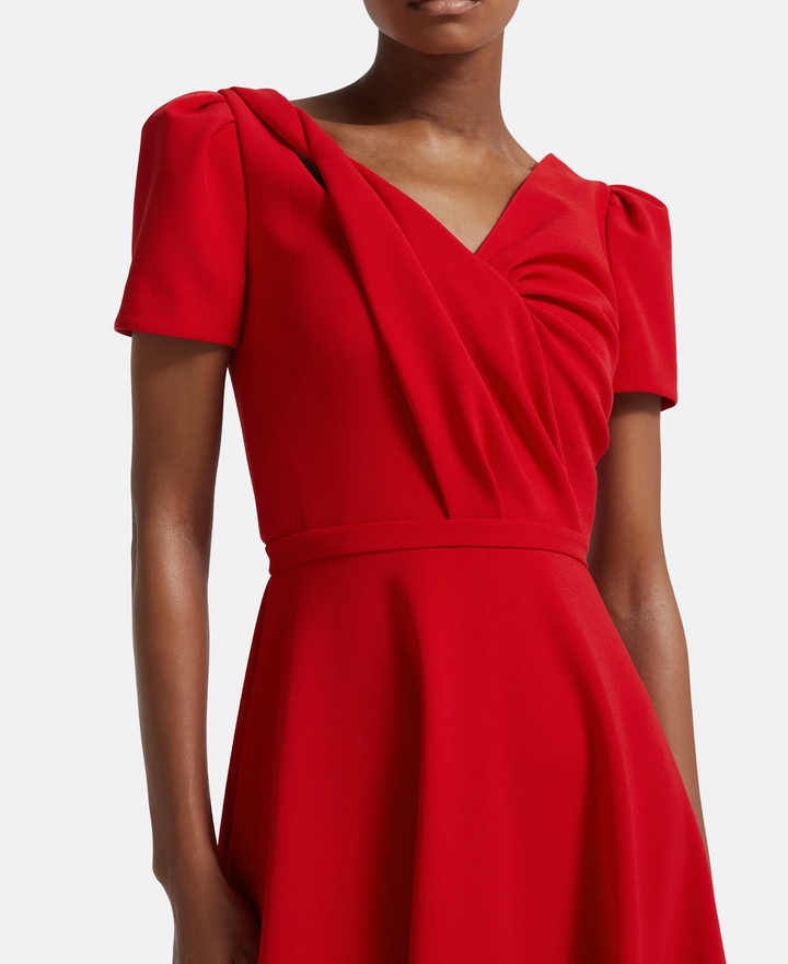 short-sleeve midi dress with draped bodice – RUYAA