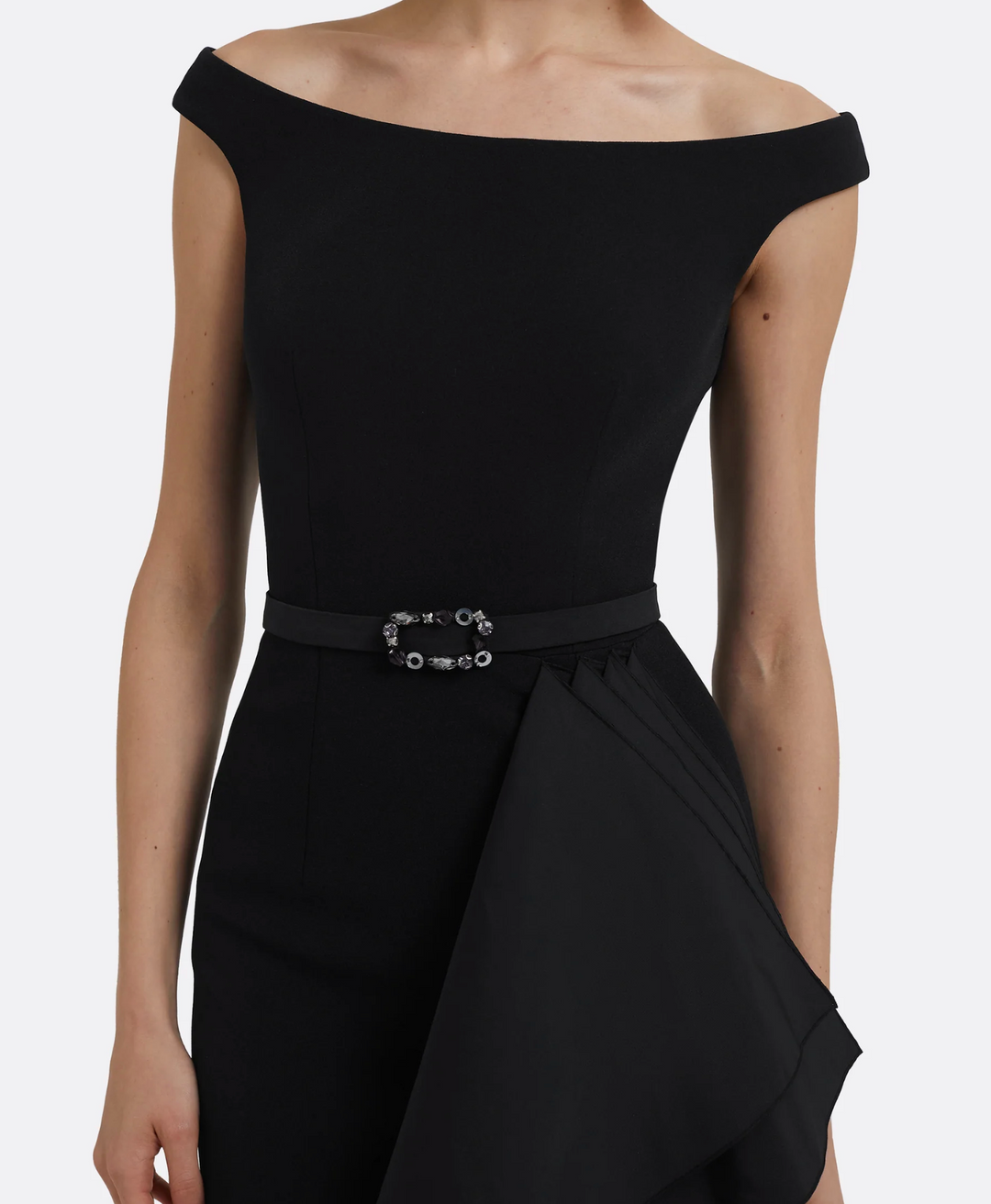 off-shoulder gown with layered drape – GOLEIE