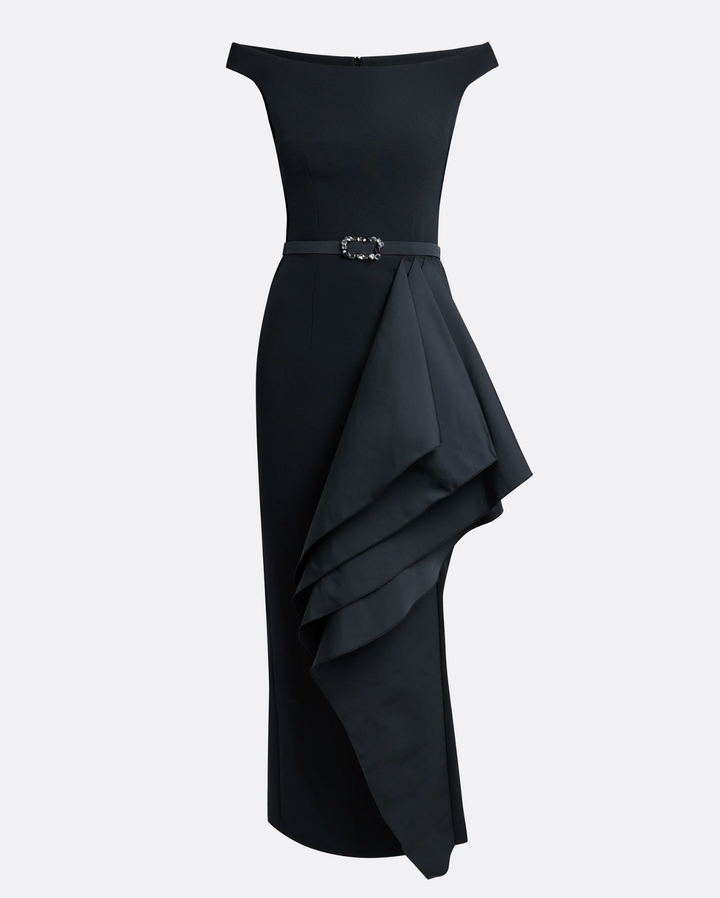 off-shoulder gown with layered drape – GOLEIE