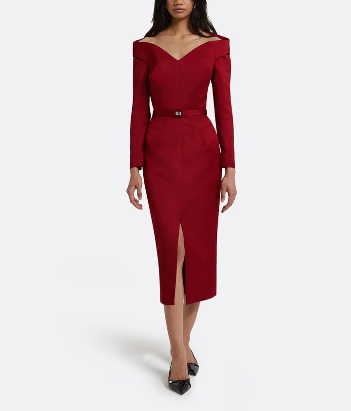 off-shoulder pencil dress with slit – SCARLET